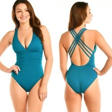 La Blanca Teal Heathered One-Piece Swimsuit with Twist Front, Size M — listing 4
