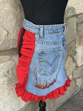 upcycled apron handmade Handmade Upcycled Denim Apron with Eyelet Lace Trim and Fabric Appliqués — listing 3