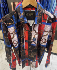 Calvino Men's Long-Sleeve Button-Up Shirt with Metallic Geometric Aztec Print, Size 2XL — listing 6