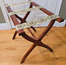 Vintage Folding Wood Luggage Rack with Green & Pink Striped Webbing Straps