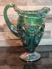 Iridescent Green Carnival Glass Tall Pitcher with Floral Relief — listing 3