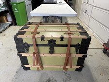 Antique Curved-Top Leather Cabin Trunk Suitcase with Brass Hardware