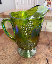 Indiana Glass Harvest Grape Iridescent Green Carnival Glass Footed Pitcher — listing 5