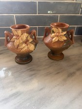 Roseville Pottery Clematis Two-Handled Vase, Brown/Green Ground with Yellow Clematis Blossoms — listing 5