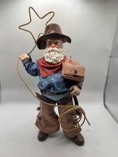 Vintage Western Cowboy Santa Claus Figure with Lasso and Suede Chaps on Wood Base