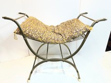 Vintage Wood Vanity Bench with Curved Back and Upholstered Tapestry Seat