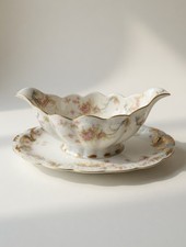Vintage White Porcelain Gravy Boat with White Lace Scroll Border and Platinum Trim — listing 2