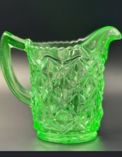 Vintage Green Uranium Glass Creamer and Open Sugar Bowl Set, 3.5" Tall Depression Glass