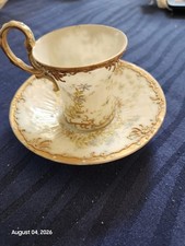 Vintage Translucent Fine China Cup and Saucer, Gray Wheat/Leaf Spray Pattern with Platinum Trim