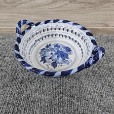 Blue and White Reticulated Porcelain Footed Compote with Hand-Painted Floral Center