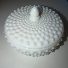 Milk Glass Pedestal Candy Dish with Embossed Fruit Pattern and Domed Lid — listing 2