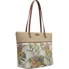 Caribbean Joe Tropical Print Canvas Tote Pocketbook, Multi with White Leather Trim — listing 3