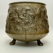 Antique Brass Jardinière Planter with Repoussé Leaf Design, 12" Wide — listing 2