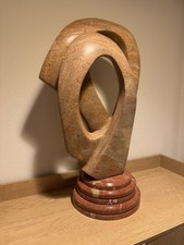 Abstract Carved Marble Sculpture on Hardwood Base, attributed to Niizuma (unverified)