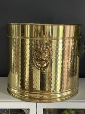 Vintage Brass Cylindrical Planter Jardinière with Lion Head Ring Handles — listing 2