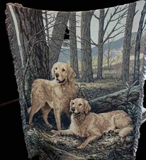 Woven Cotton Tapestry Throw Blanket with Golden Retriever & Pheasant Hunting Scene