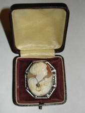 Antique Carved Shell Cameo Pendant with Diamond Habillé in Filigree Frame