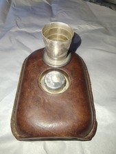 Antique German Leather-Clad Glass Traveling Flask with Nickel Silver Cup Cap