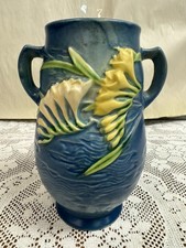 Roseville Pottery Freesia Two-Handled Vase in Blue
