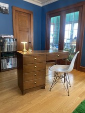 Bassett Brown Wood Writing Desk with Four Drawers and Tapered Legs