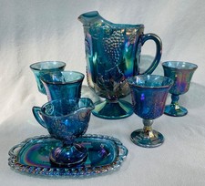 Indiana Glass Blue Iridescent Carnival Glass Pitcher Harvest Grape Pattern — listing 3