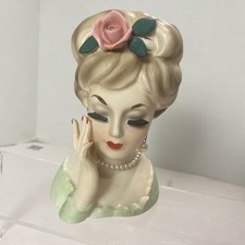 Vintage Ceramic Lady Head Vase with Blue Flowers and Turquoise Bodice