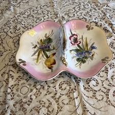 Antique Victorian Hand-Painted Porcelain Three-Section Leaf-Form Sweetmeat / Divided Serving Dish with Center Twist Handle — listing 2