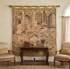 Vintage Woven Scenic Landscape Tapestry Tablecloth with Lake, Cottage & Sailboat Motif — listing 2
