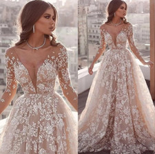 Long-Sleeve White Ruched Bridal Gown with Boat Neckline and High Slit — listing 3
