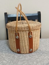 Vintage Embossed Leather and Woven Rattan Domed Lidded Storage Basket/Box — listing 3
