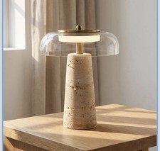 Travertine & Brass Mushroom Table Lamp with White Dome Glass Shade