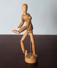 Vintage Wooden Artist's Articulated Mannequin Figure, 14" Tall on Round Base