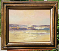 Vintage Framed Coastal Sunset Seascape Print, California-Style Beach and Cliffs, Early-to-Mid 20th Century — listing 6