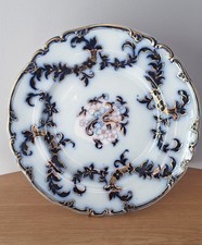 Antique Flow Blue Scenic Cabinet Plate with Gilt Scalloped Rim (Windmill/Boat Scene) Only a faint impressed number/letter — listing 5