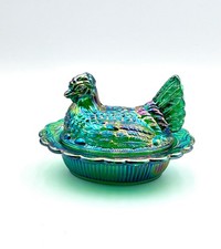 Green Glass Hen on Nest Covered Candy Dish