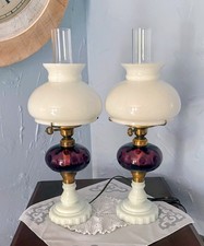 Vintage Cranberry Glass Two-Tier Table Lamp with Diamond-Quilted Shade and Ornate Brass Base — listing 4