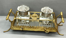 Antique Cut Crystal Inkwell with Repoussé Gilt Brass Hinged Lid — listing 2