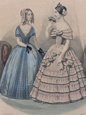 Antic French Hand-Colored Fashion Engraving "Le Petit Messager" in Oval Walnut Frame — listing 2
