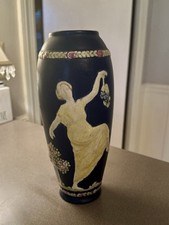 Weller Pottery Blue Ware Chase Triple Bud Vase, 8.5 inch, Cameo Horse & Rider Relief — listing 2