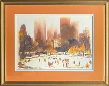 Original Watercolor Painting, Central Park Ice Skaters at Night with NYC Skyline — listing 2