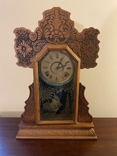 Antique Pressed Oak Gingerbread Mantel Clock with Roman Numeral Dial — listing 4