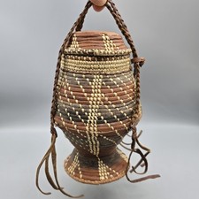 Vintage Embossed Leather and Woven Rattan Domed Lidded Storage Basket/Box — listing 6