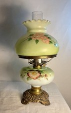 Victorian Brass Oil Lamp with Pink Satin Glass Font and Ruffled Tulip Shade — listing 6