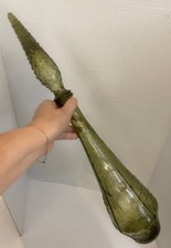 Vintage Emerald Green Glass Genie Bottle Decanter with Grape & Leaf Pattern and Ribbed Ball Stopper — listing 2