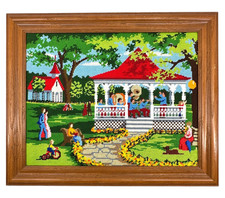needlepoint framed art Vintage Framed Needlepoint Town Square Scene 17" x 14.5" — listing 4