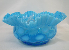 Blue Opalescent Ruffled Footed Vase with Block/Plaid Pattern — listing 2