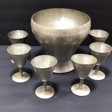 Vintage Polished Aluminum or Pewter-Style Footed Punch Bowl with Matching Ladle — listing 5