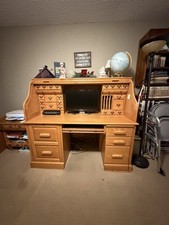 Antique Oak Tambour Roll Top Writing Desk with Lower Shelf — listing 6