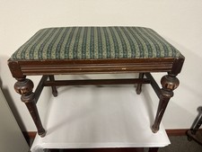 Vintage Wood Vanity Bench with Curved Back and Upholstered Tapestry Seat — listing 2