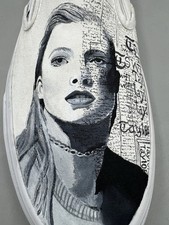 Hand-Painted Music-Themed Slip-On Canvas Sneakers with Illustrated Girls and Quotes Women's US 8-9 — listing 2